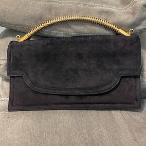 Chic Vintage Black Suede Clutch with Gold Handle Nicholas Reich